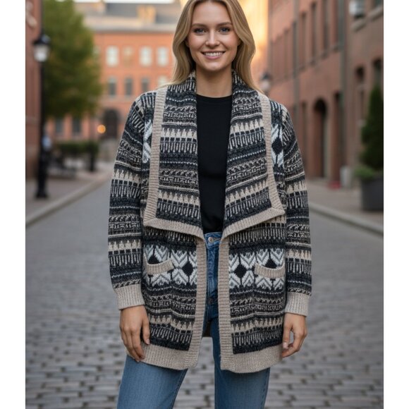 CYNTHIA ROWLEY Brown and Black FAIR ISLE Alpaca Blend Long Cardigan Size Large - Picture 1 of 6